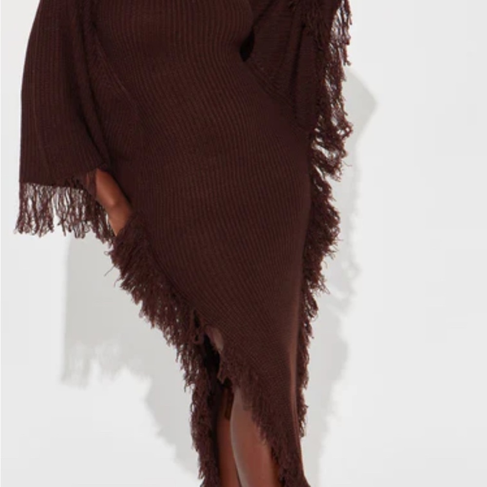 Fringed Brown Knit Poncho
